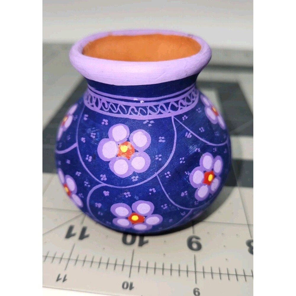 Hand Painted Mexican Folk Art Vase Bright Colors Terra Cotta 3.5" Blue Purple
